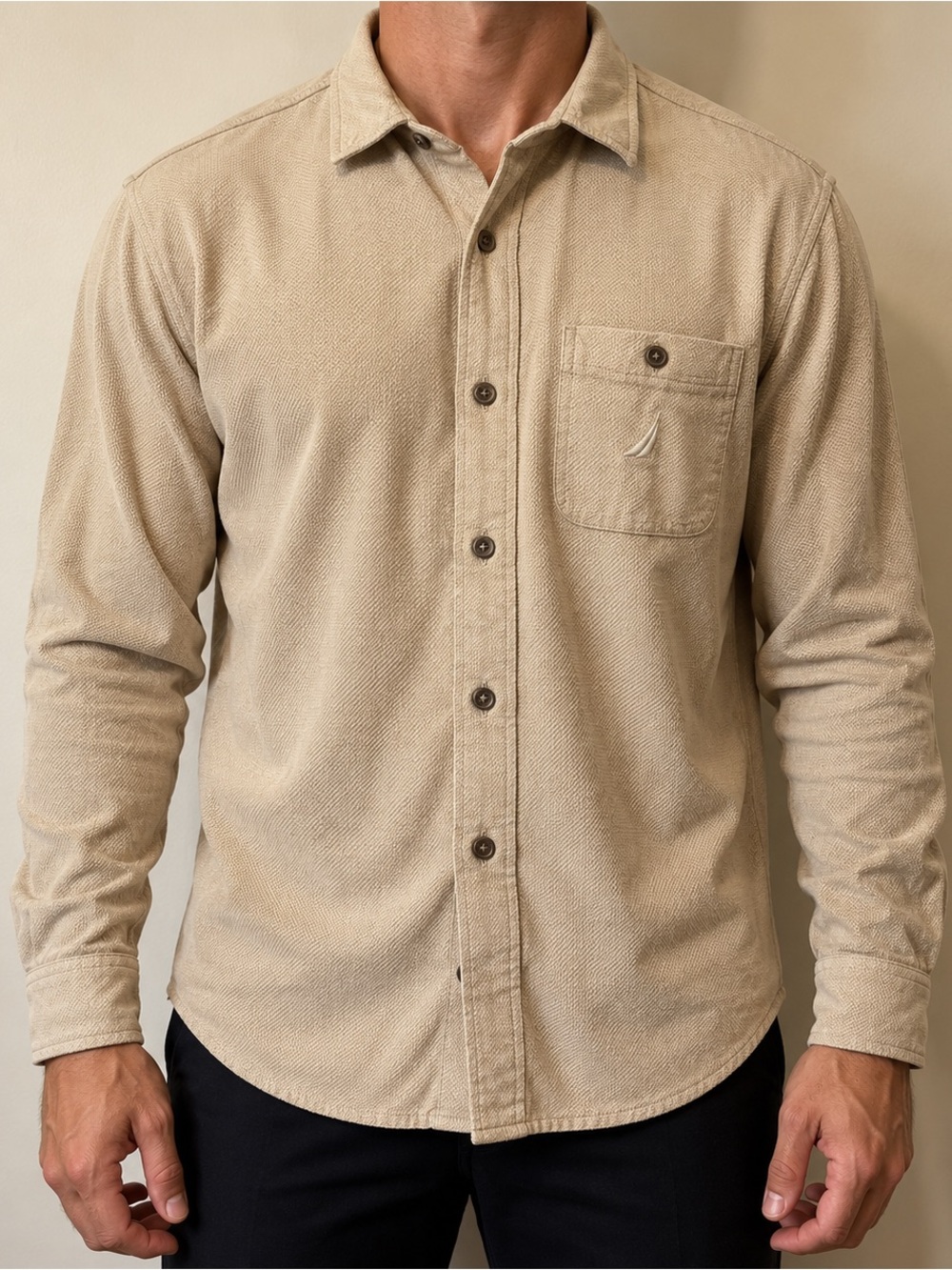 Nautica Men's Tan Button-Down Casual Long-Sleeve Shirt